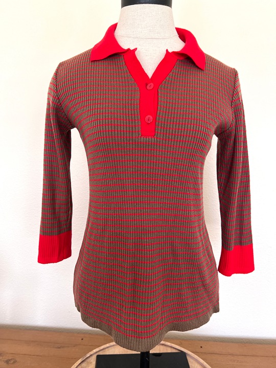 70's Polo Sweater - Striped Red & Brown - Knits Collection - Size Large
