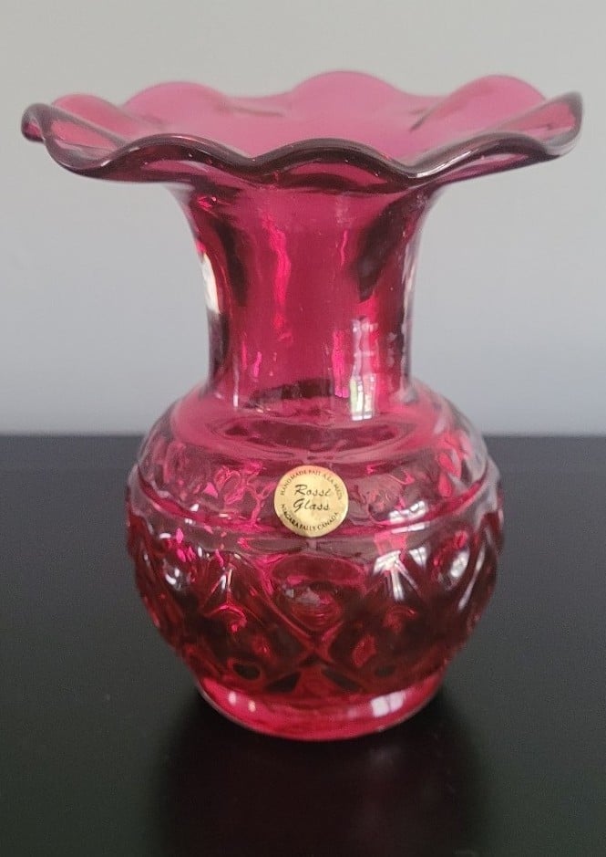 Vintage Rossi Glass mouth blown cranberry glass vase