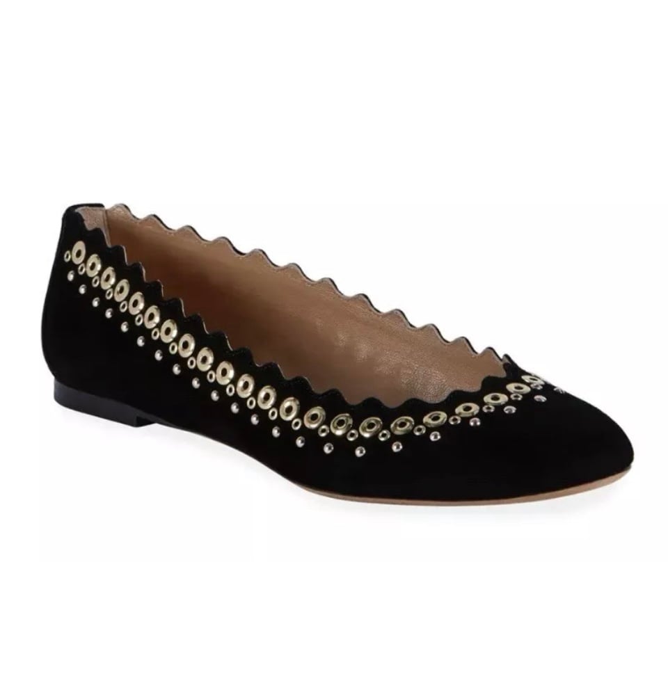 Chloe Lauren Black Suede Scalloped Gold Grommet Studded Ballet Flat