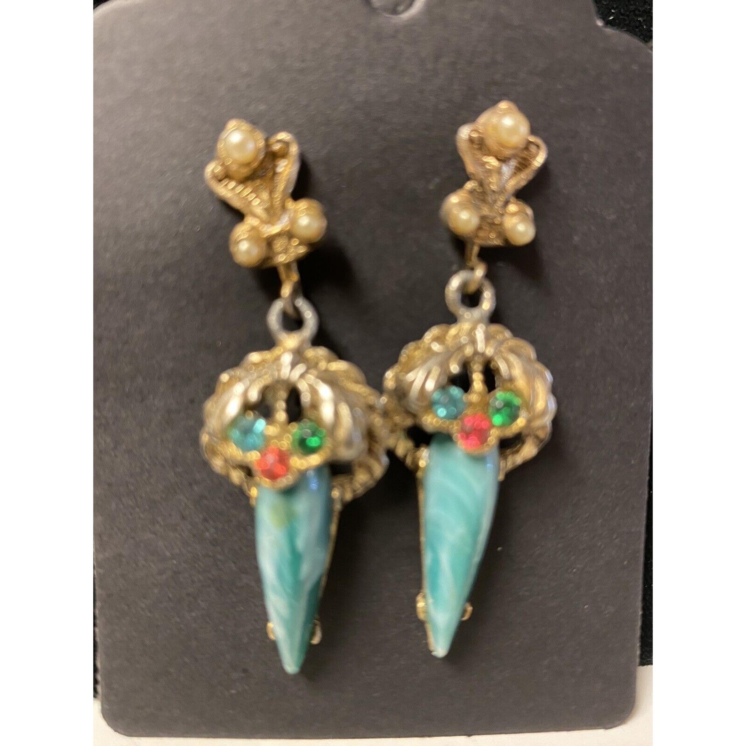 36 Vintage Faux Jade Screw Back Earrings Pink Green Blue Rhinestone Seed Pearls