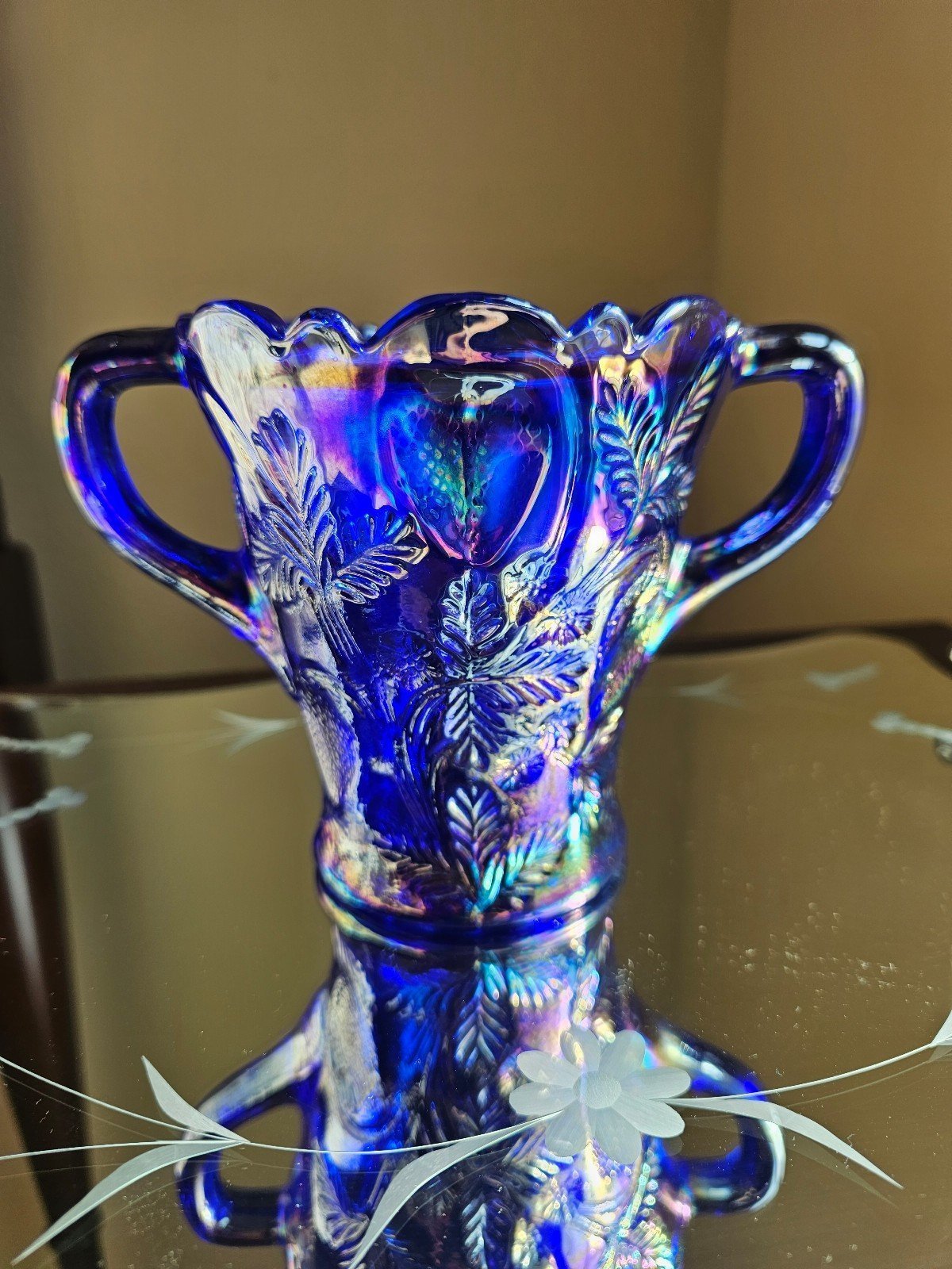 Vintage Cambridge Glass Inverted Strawberry Blue Carnival Glass Celery Vase