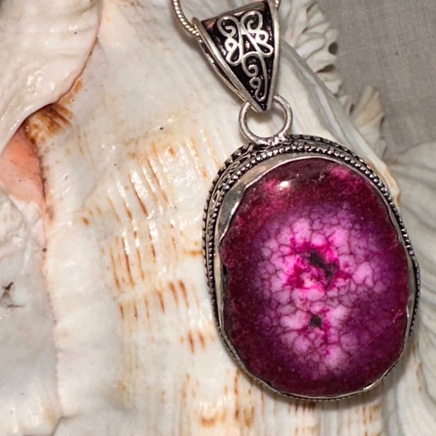 Raspberry Solar Druzy Quartz artisan handcrafted pendant