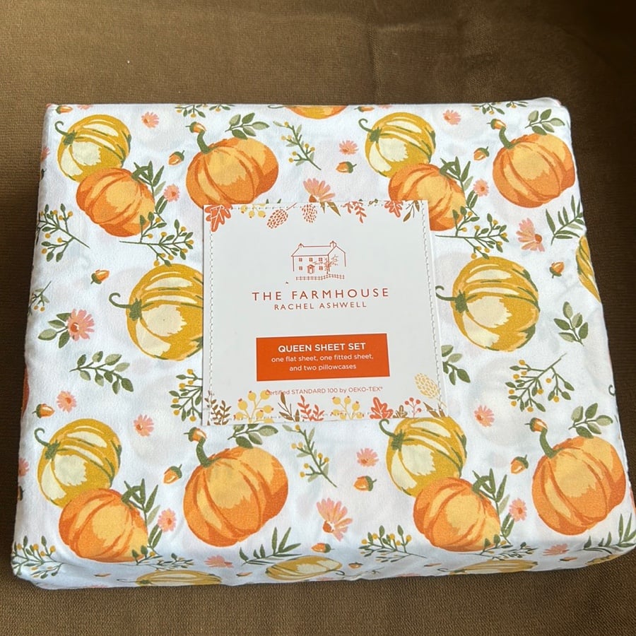 Farmhouse Rachel Ashwell Colorful Pumpkin Print Sheet set Fall Leaves Queen New
