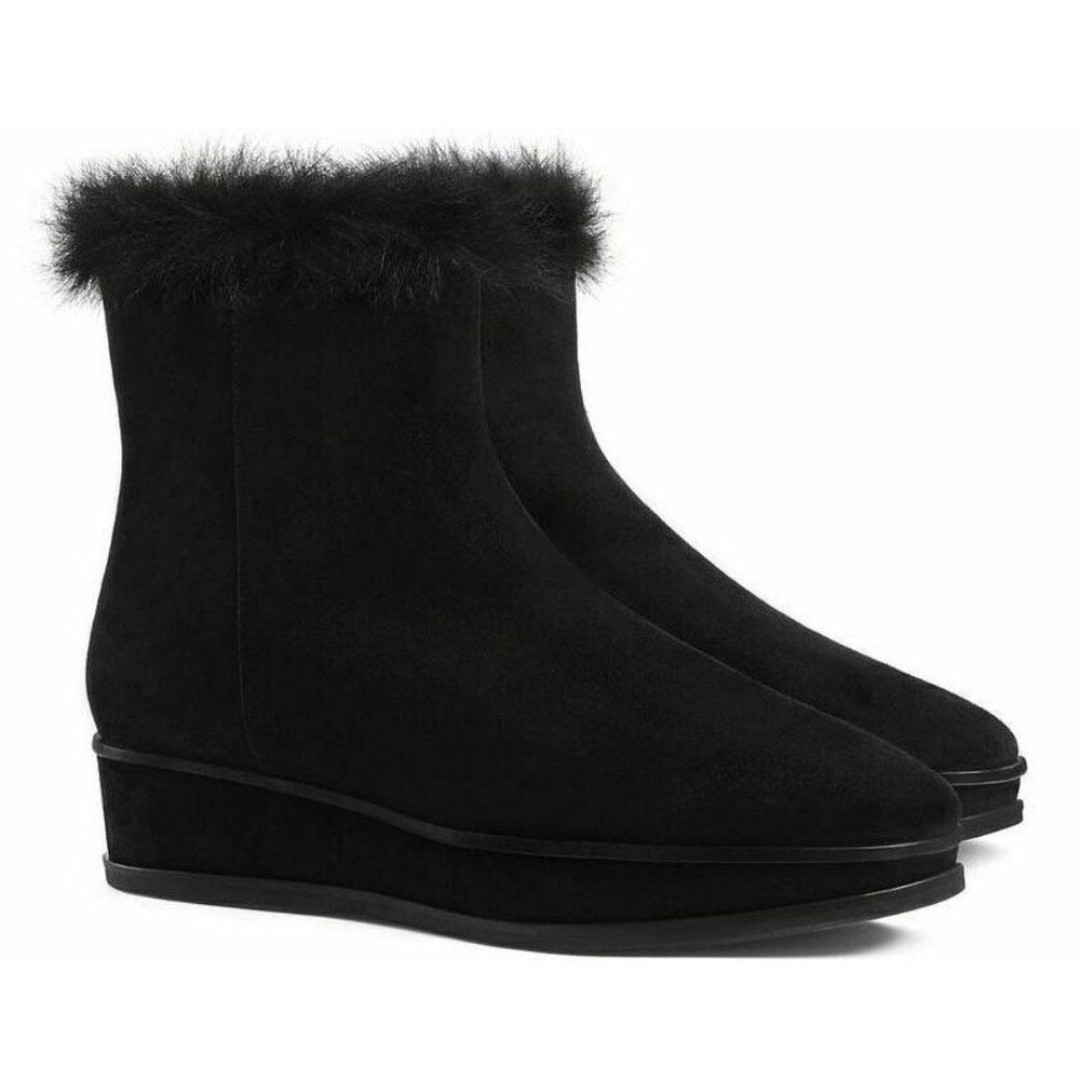 TORY BURCH Marcel Wedge BOOTS Booties Size 7 Shearling Fur Suede Black NEW