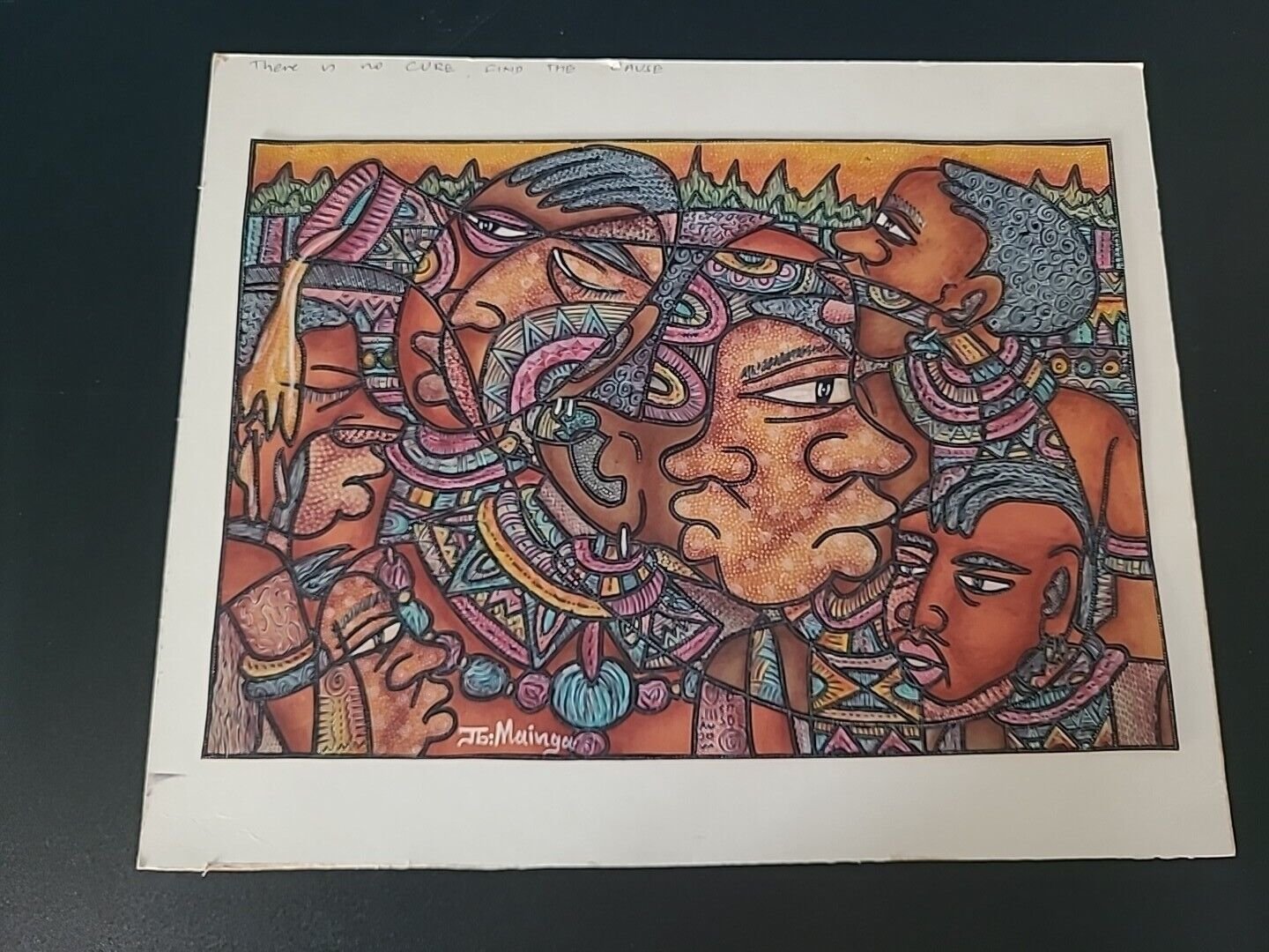 JOHN B.MAINGA Kenya African Leather Batik Painting Signed " There is no cure..."