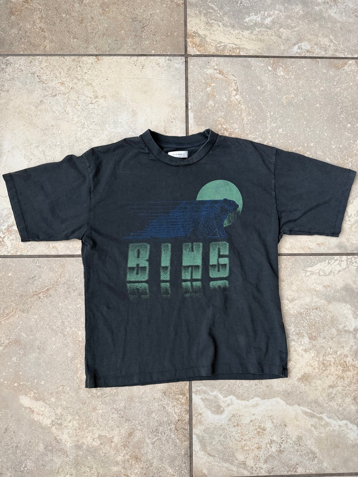 Anine Bing Georgie Night Crawler Tee Black XS Oversized Excellent Condition