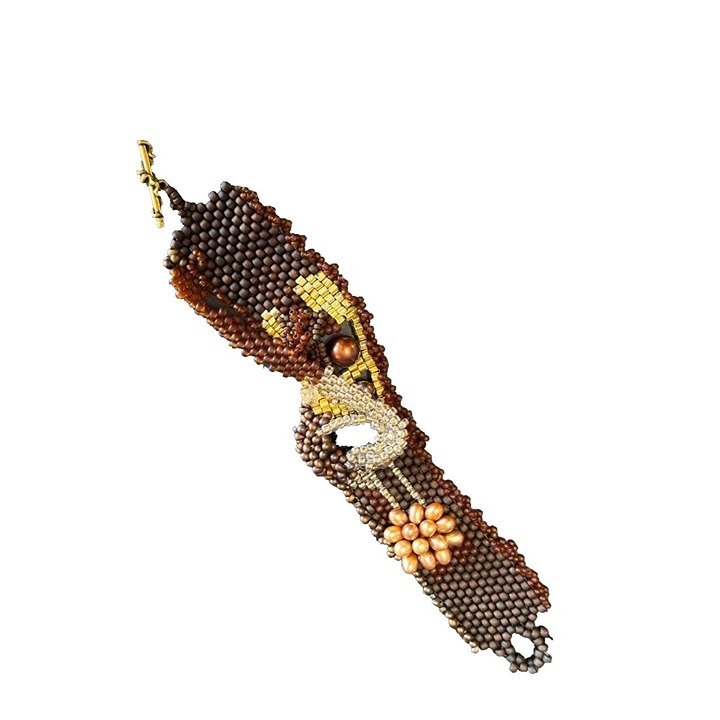 Artisan Peyote Stitch Bracelet Faceted Onyx Stone Center Glass Quartz Pearl Bead