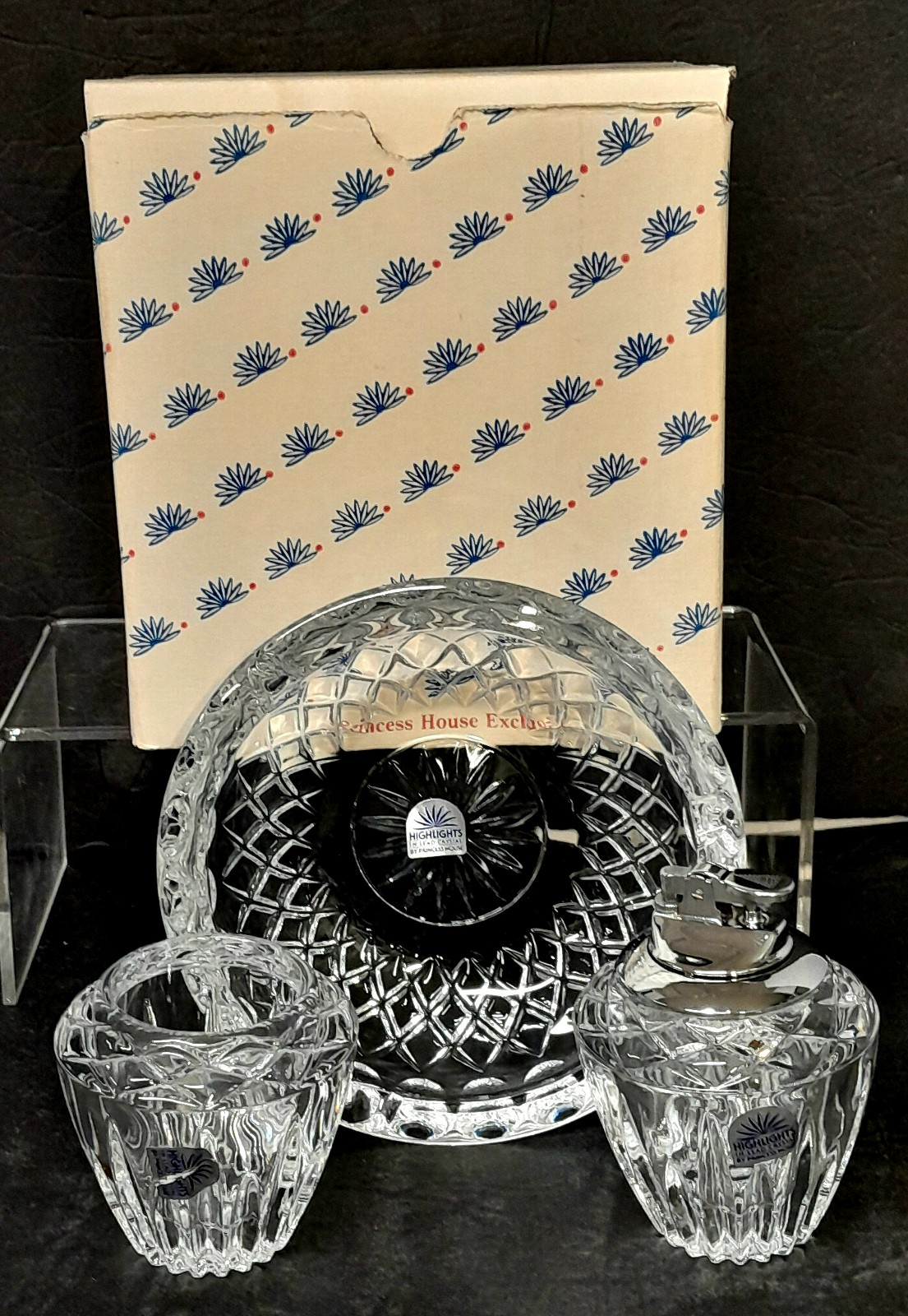 Vintage Princess House Highlights 3 Piece Ashtray, Tabletop Lighter, Cig Holder