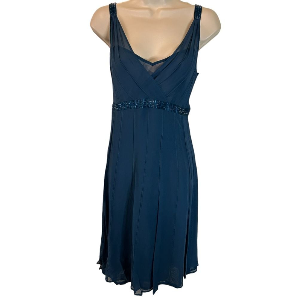 Un Deux Trois Elegant Navy Blue Silk Cocktail Dress with Beaded Straps US XL