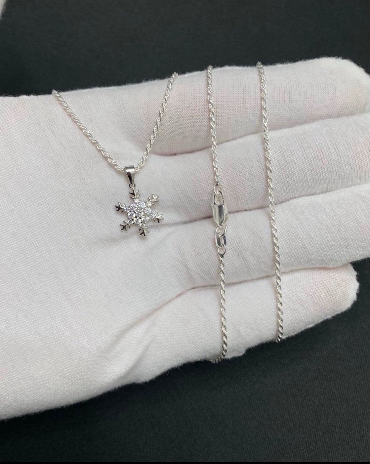 Sterling Silver CZ Snowflake Pendant With Silver Rope Chain