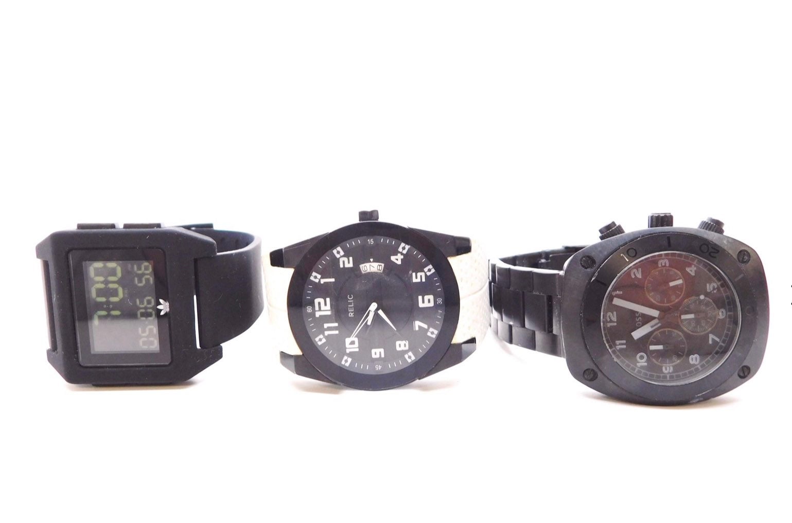 3 Men's Fossil, Adidas & Relic Black & White Day Date Fashion Watches .64Ibs REA