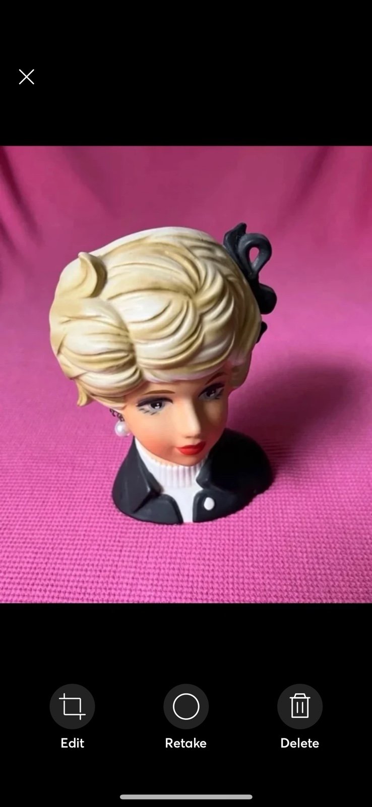Vintage 1950’s Napco Blonde Lady Head Vase black bow faux pearl earrings HTF 6”