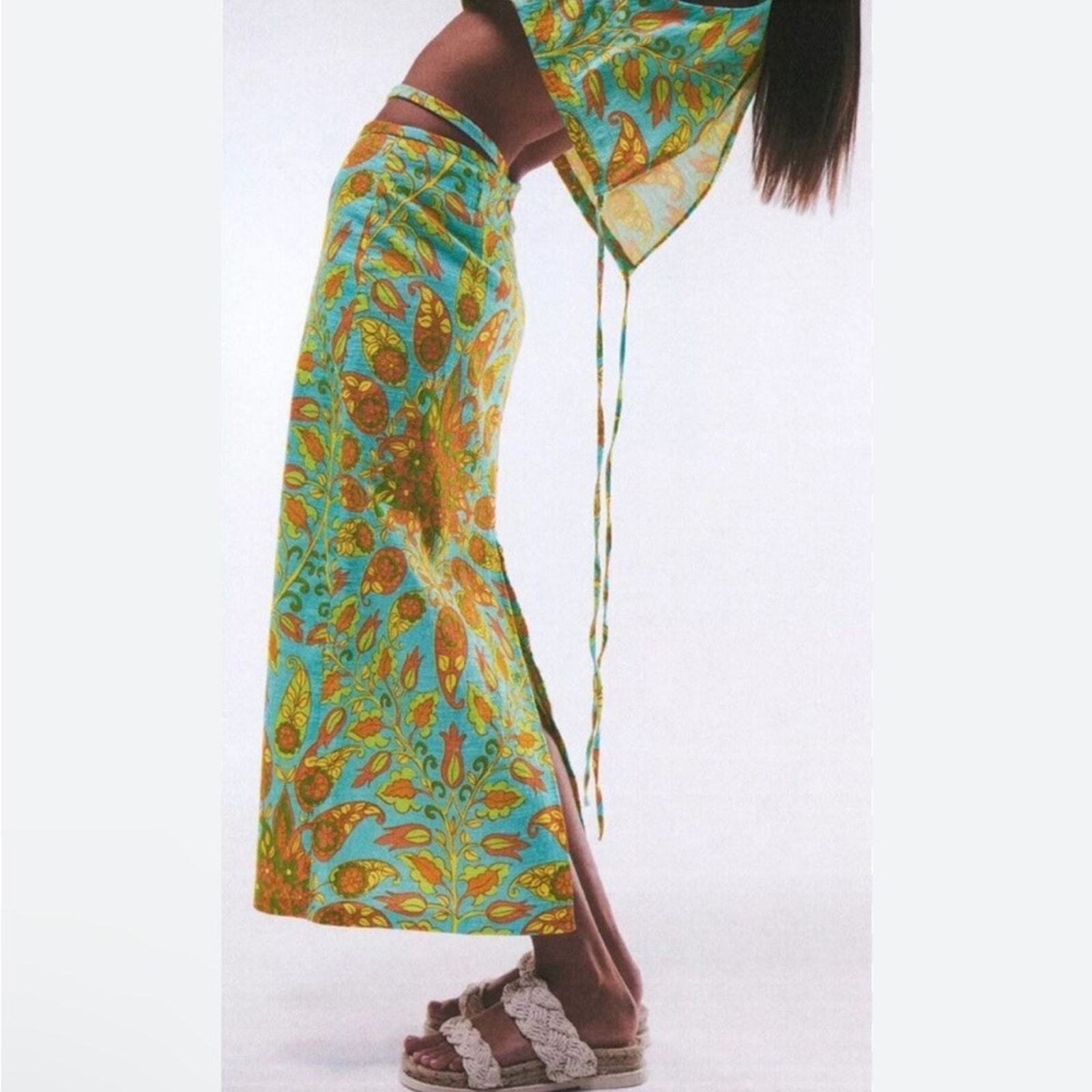 Zara floral green paisley 60s 70s high waist skirt Medium