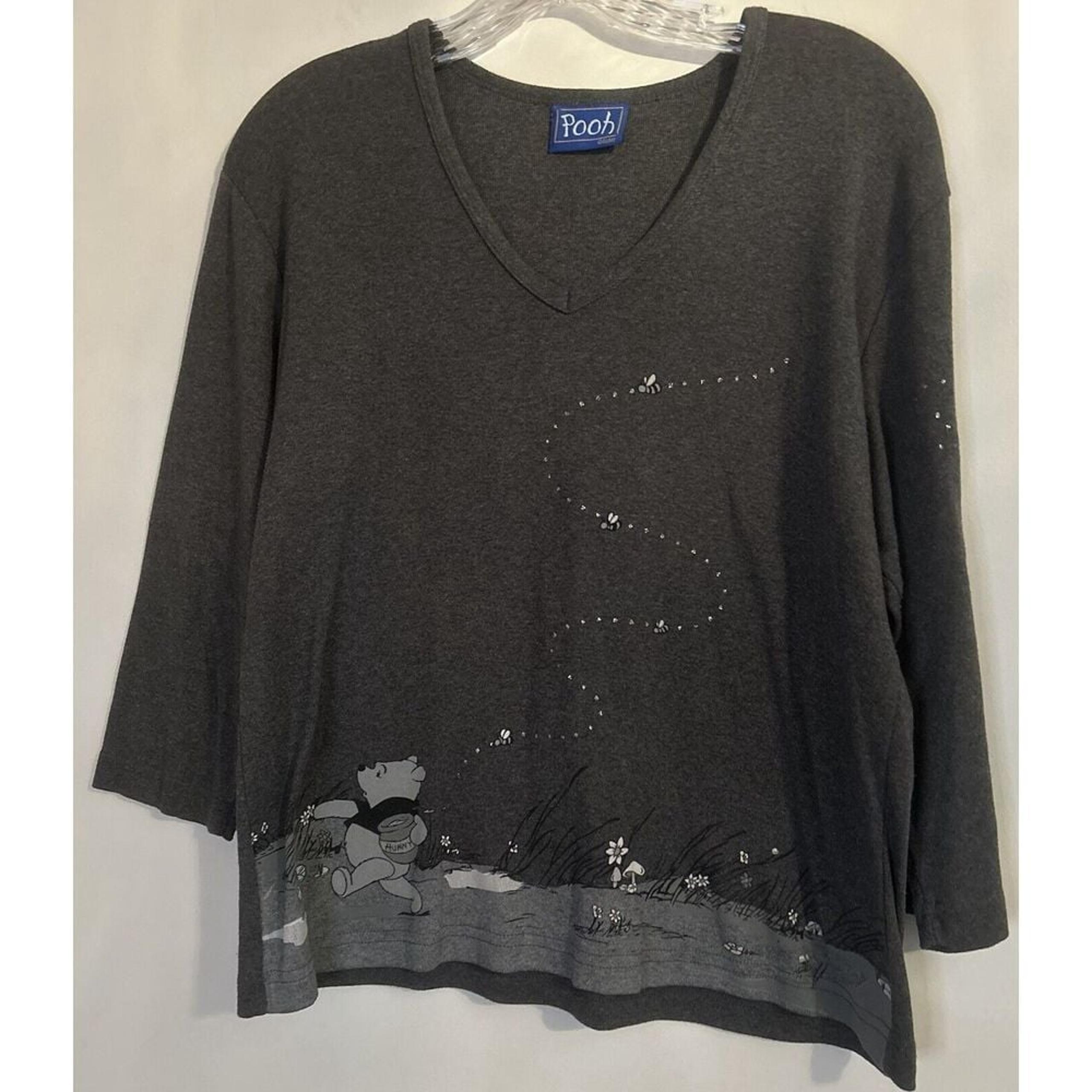 Disney Pooh Womens V Neck Gray Pullover Long Sleeve Sz S Winnie The Pooh Graphic