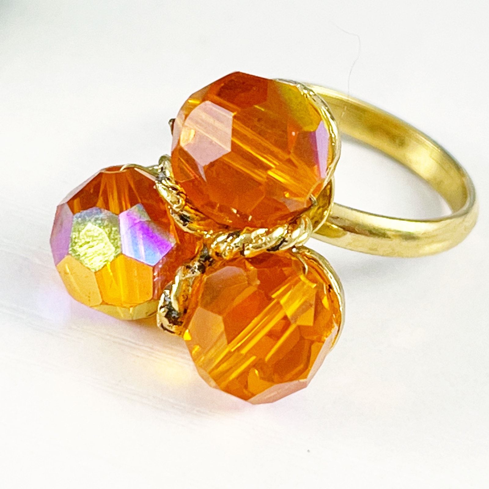 Upcycled Hattie Carnegie 1940s Vintage Orange AB Beaded Cocktail Ring