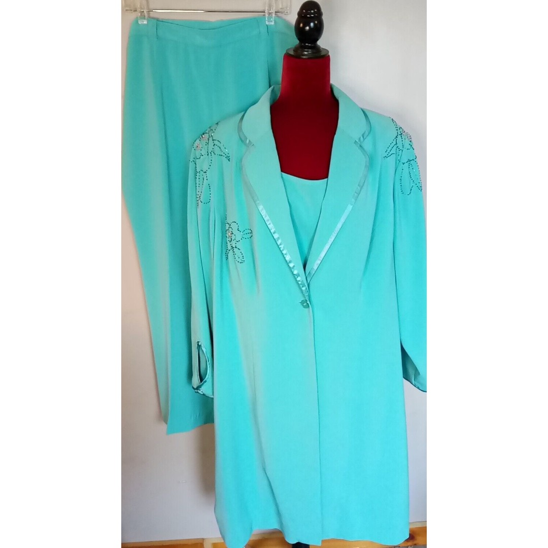 Midnight Velvet Formal Turquoise Beaded Pant 3 pc Suit Set Sz 22W