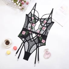 Black Floral Embroidered Lace Bodysuit