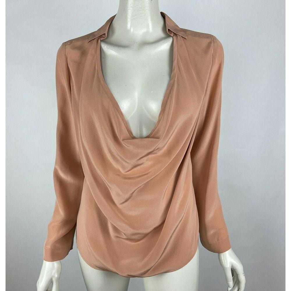 Eileen Fisher Silk Blouse Top Washable Drop neck Collared Long Sleeve Women P S