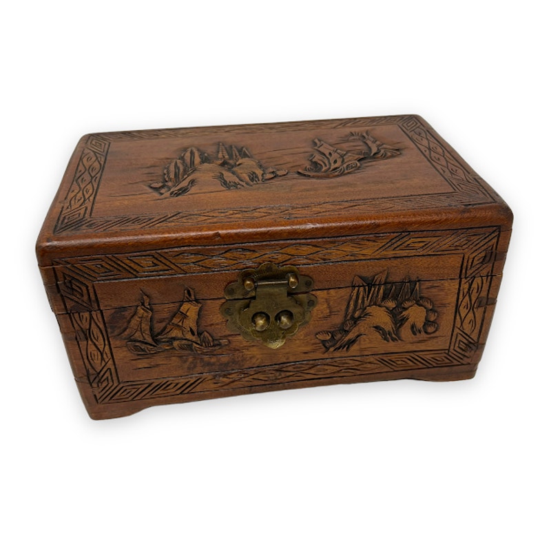 Vintage Hand-Carved Wooden Asian Chinese Trinket Box Sailboat Motif Brass
