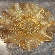 CARNIVAL GLASS GRAPE LEAVES RUFFLED EDGES MARIGOLD IRIDESCENT BOWL