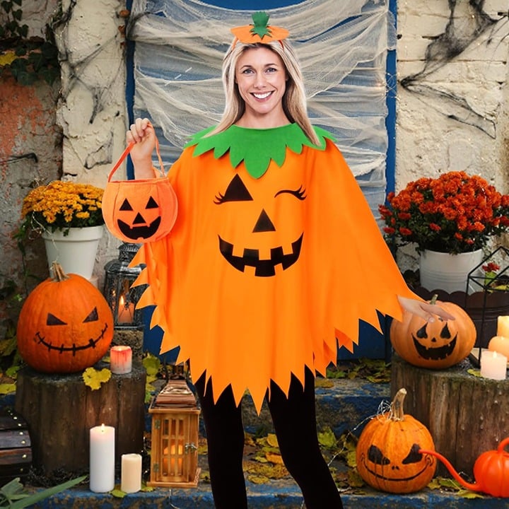 3PCS Halloween Pumpkin Costume for Women,Pumpkin Poncho for Adults with Headband