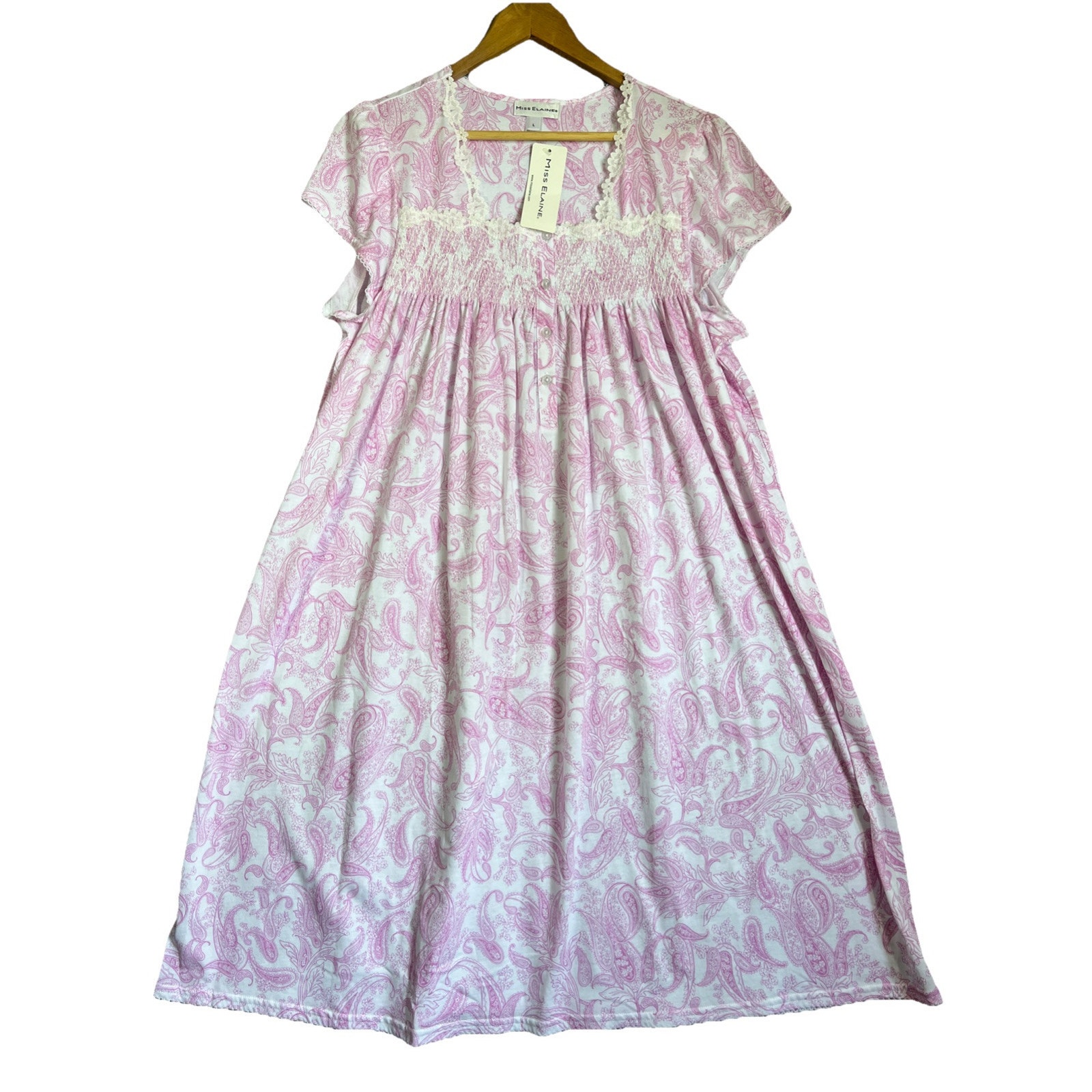 Miss Elaine Nightgown Large Pink Paisley Short Sleeve Ruching Lace Trim Buttons