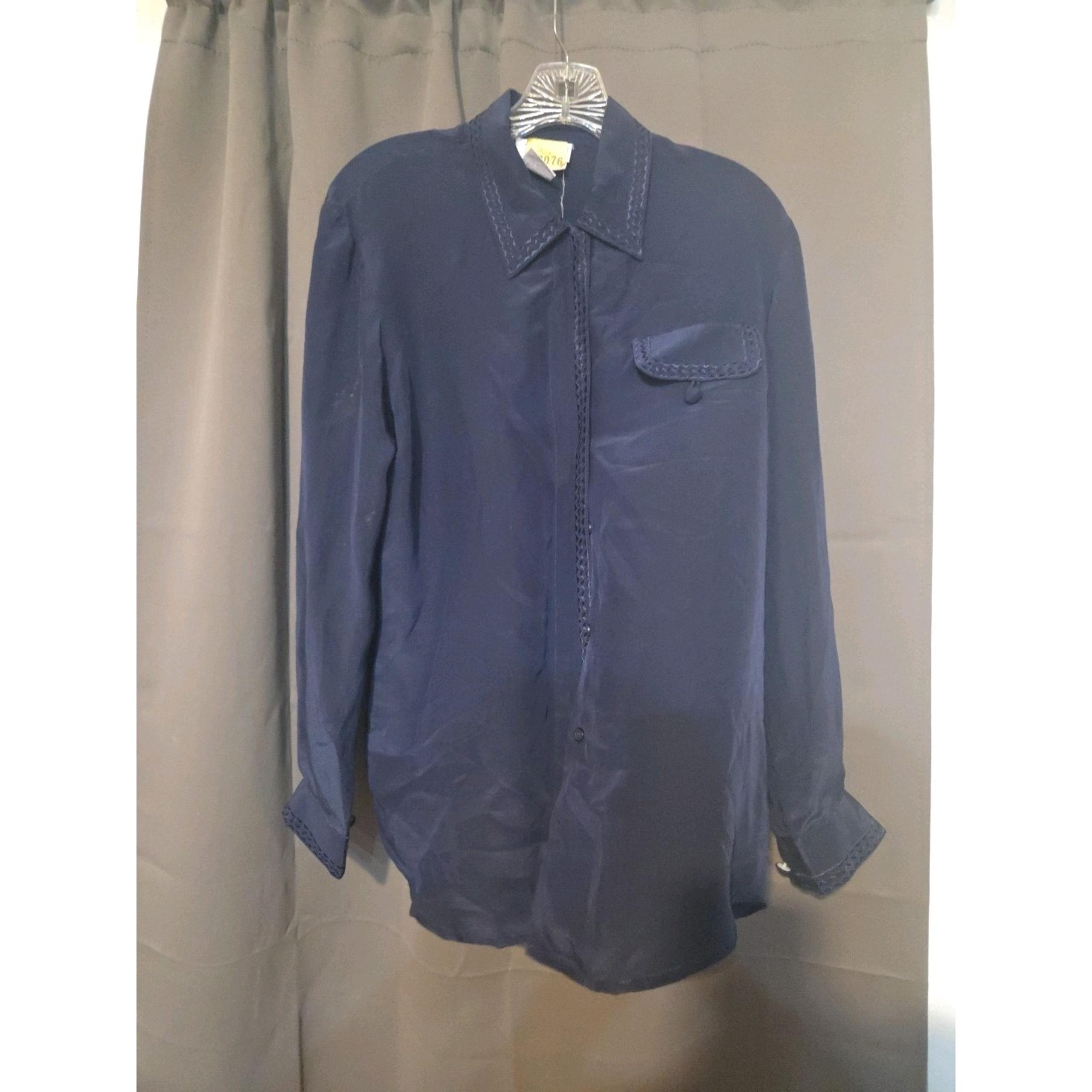 Tess Blouse Womens Navy Blue 100% Silk Button Up Top Shirt Vintage Embroidered