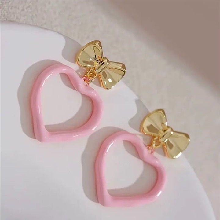 Pink and Gold Bow Heart Coquette Earrings NWT