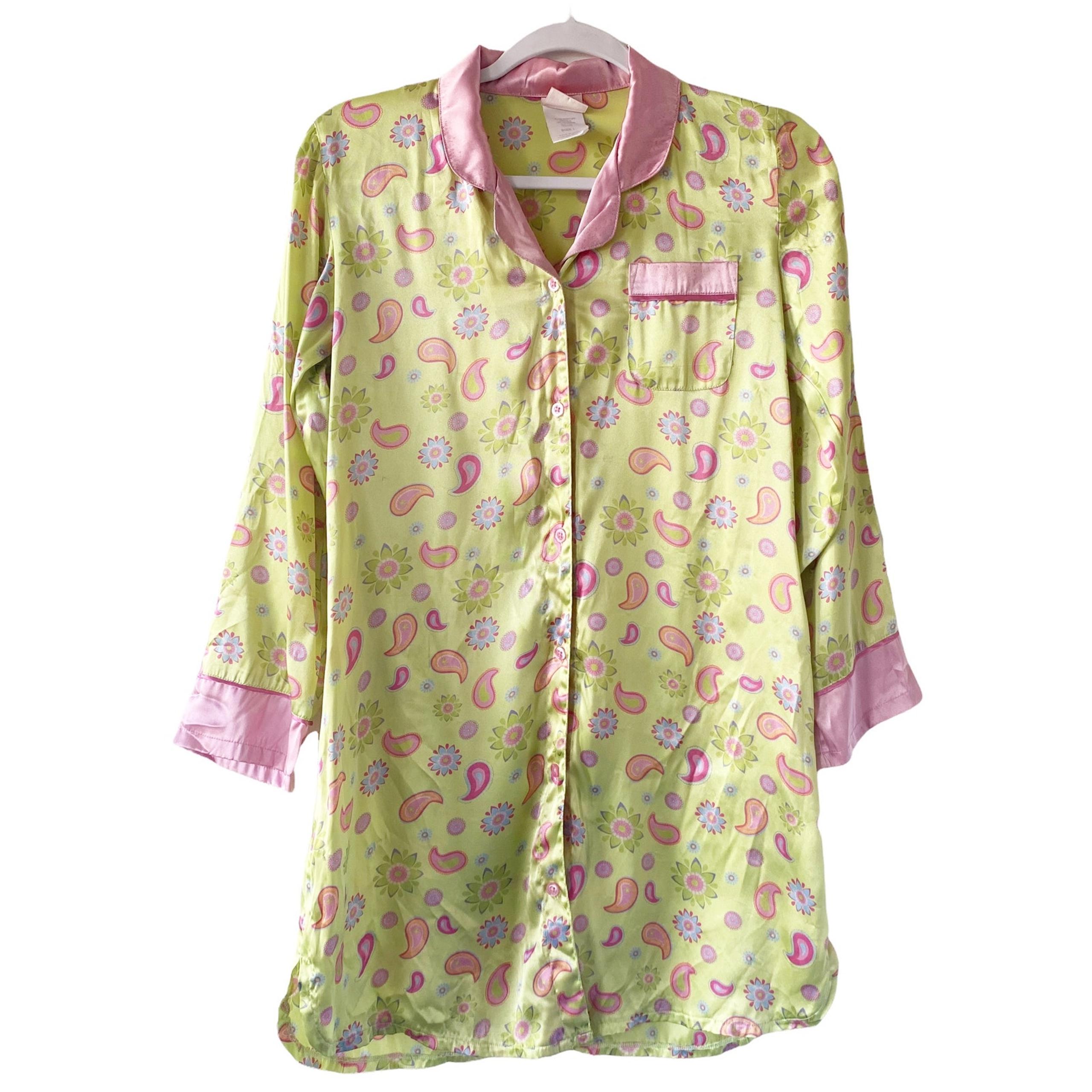 Vintage Womens Size L Green Pink Paisley Button Up Slip Dress - Xhilaration