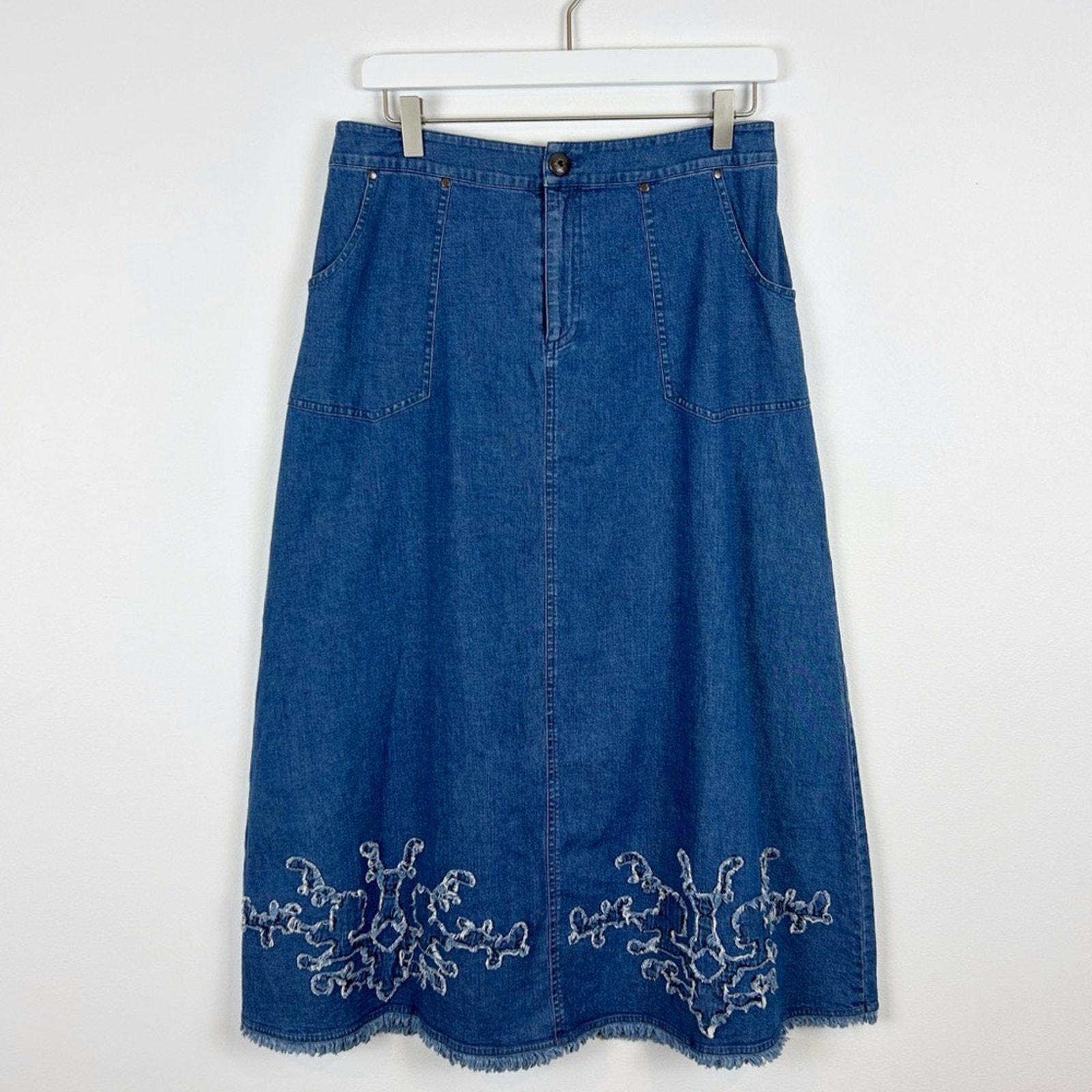 Soft Surroundings Embroidered Denim Midi Skirt Size Petite Small