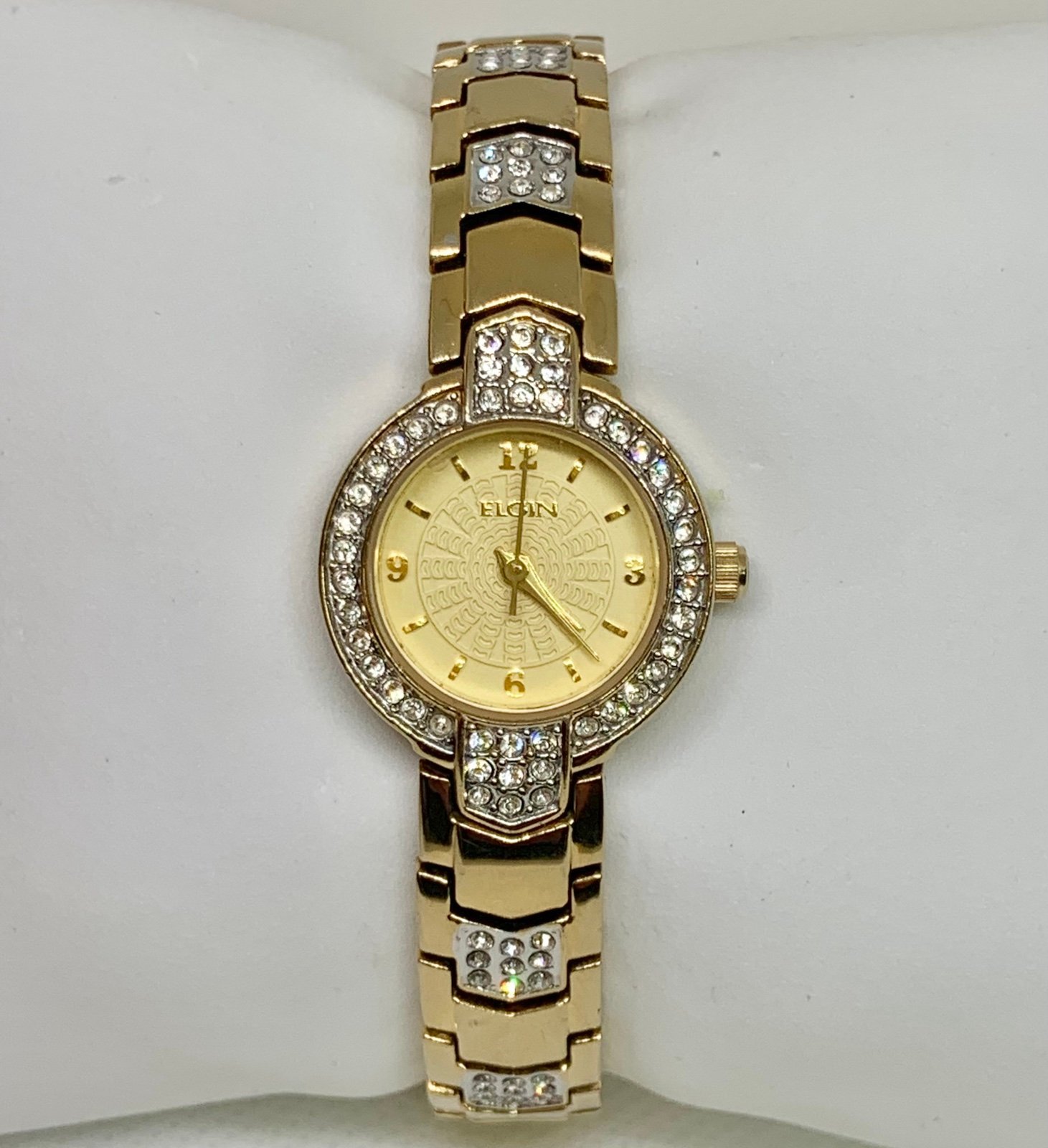 Elgin gold tone dial crystals women’s wrist watch 23mm quartz analog running