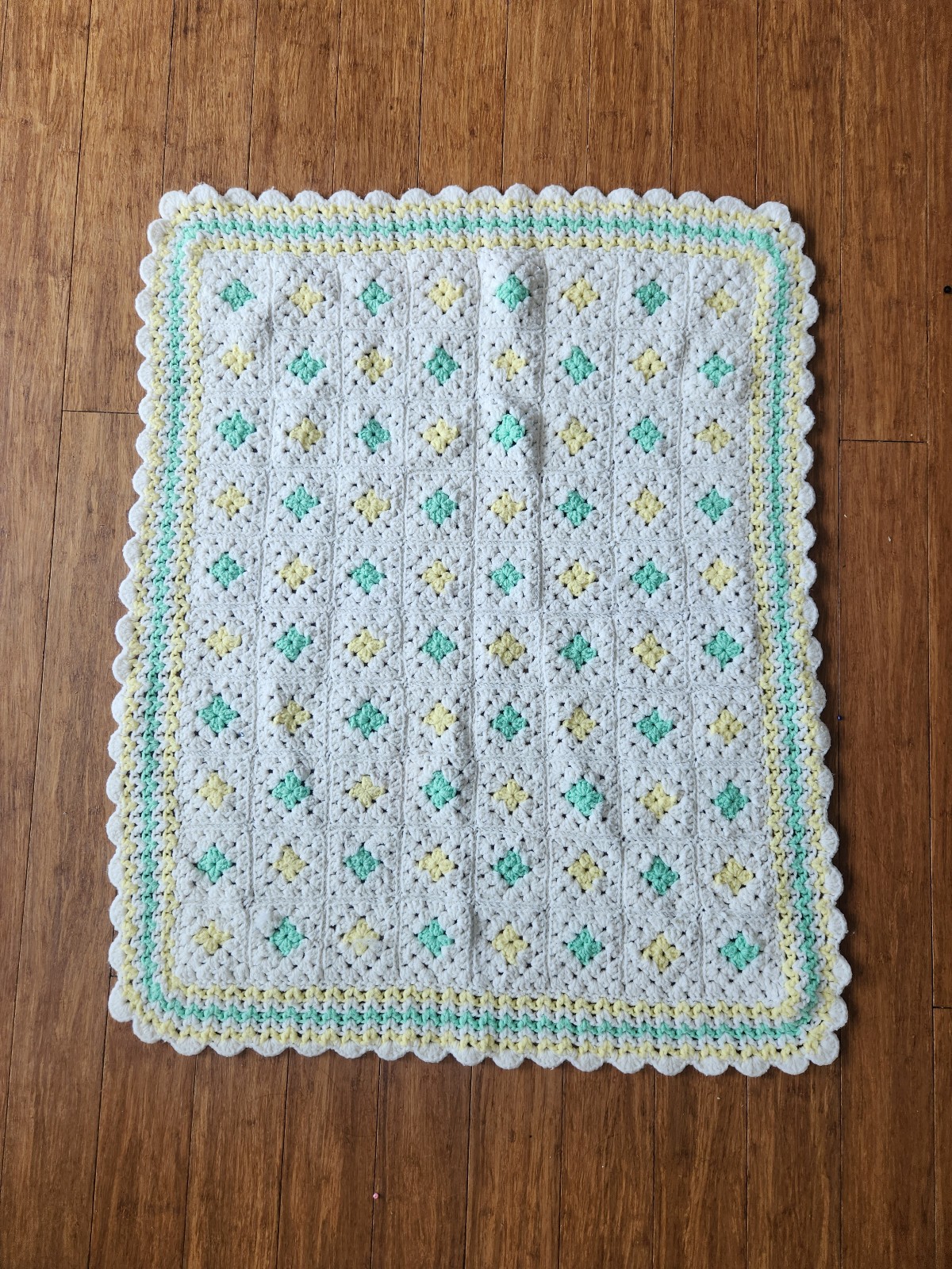 White, Green, and Yellow Handmade Crocheted Baby Blanket