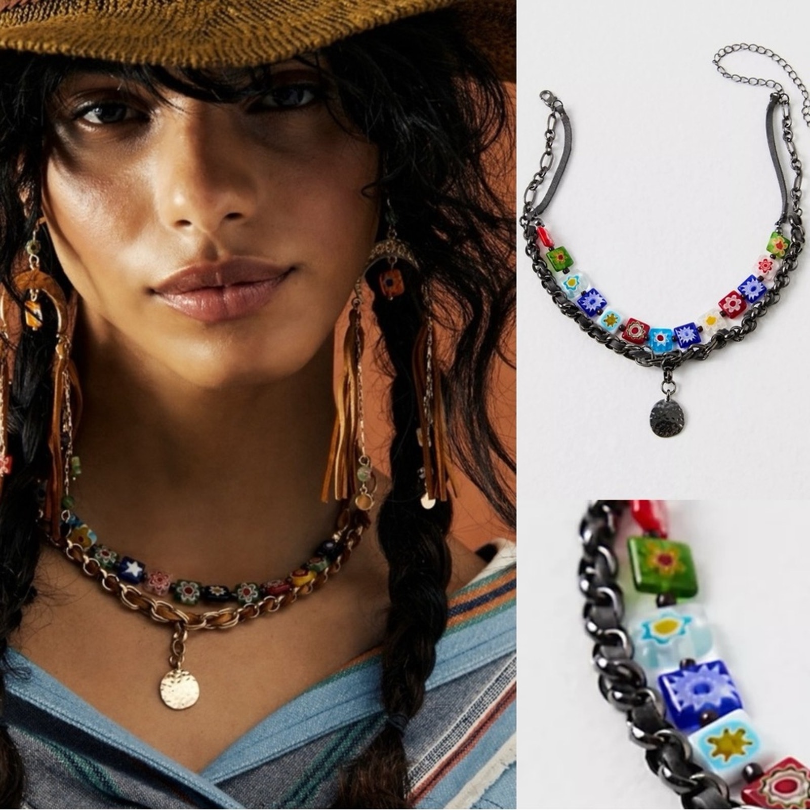 Free People Bohemian Marina Choker Layered Necklace Flower Beads Hippie Festival
