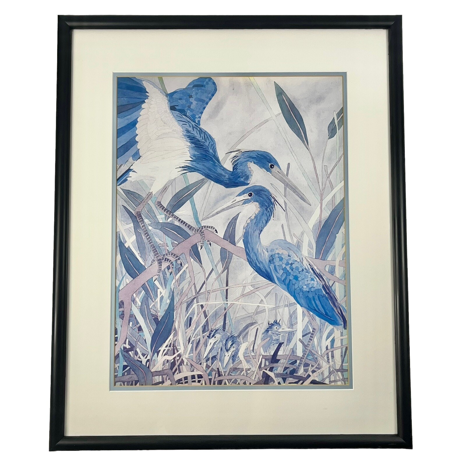 Dan Goad Print 1981 Signed Lithograph Heron & Babies Framed Matted 21.5 x 26.5”