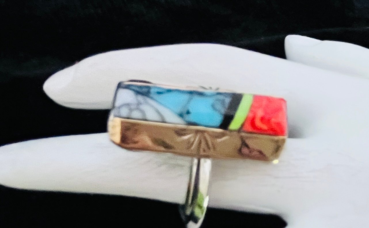 Navajo Turquoise and Coral Ring #414 signed