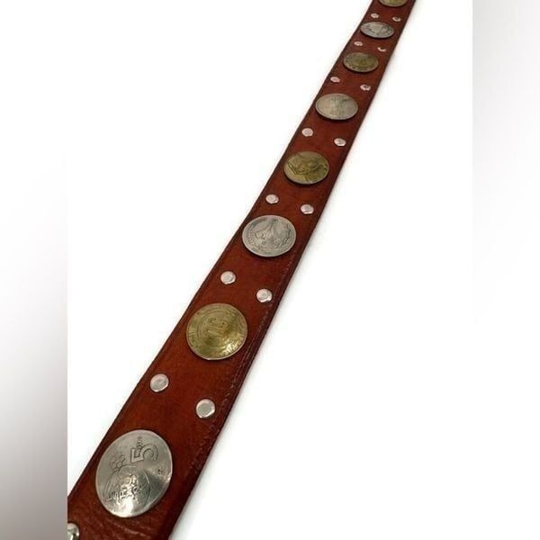 Vintage Coined Leather Belt Coins World International Brown Silver 30.5”-37”