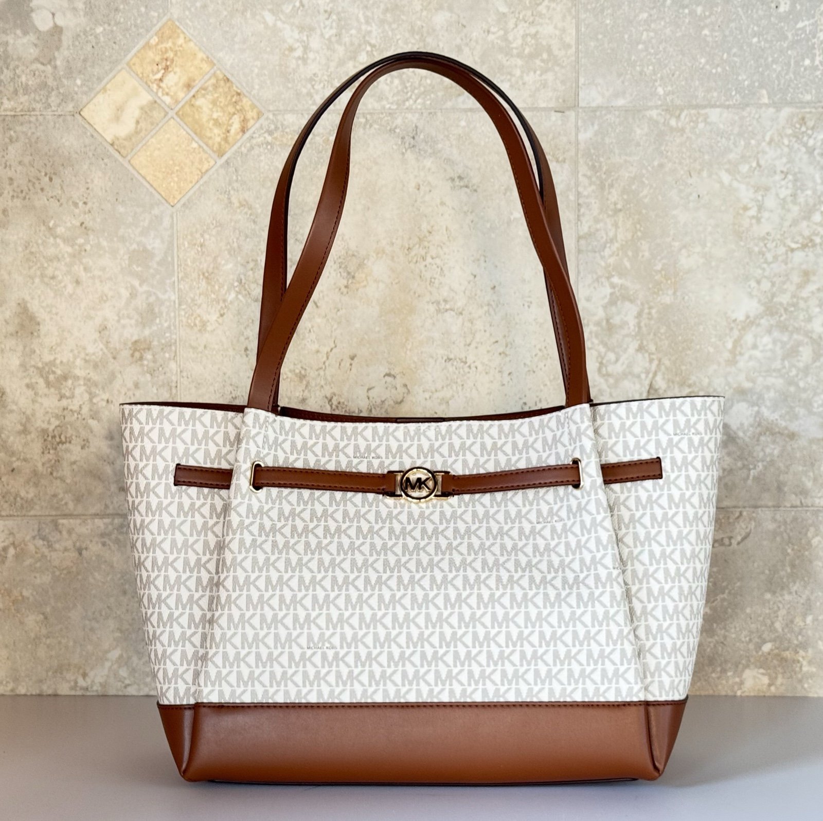 Michael Kors Reed LG Tote Shoulder Bag MK Vanilla/Brown