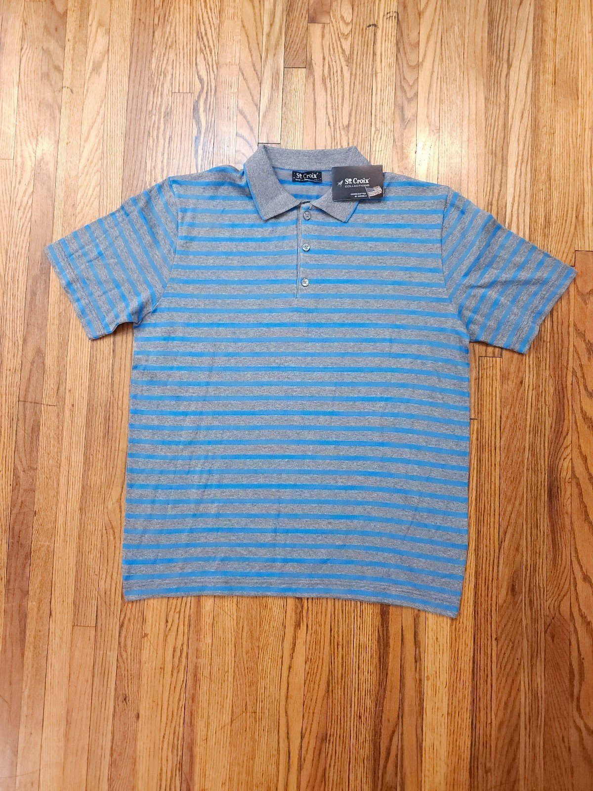 St Croix Mens Polo Size Large Grey Coastal Blue Striped NEW USA