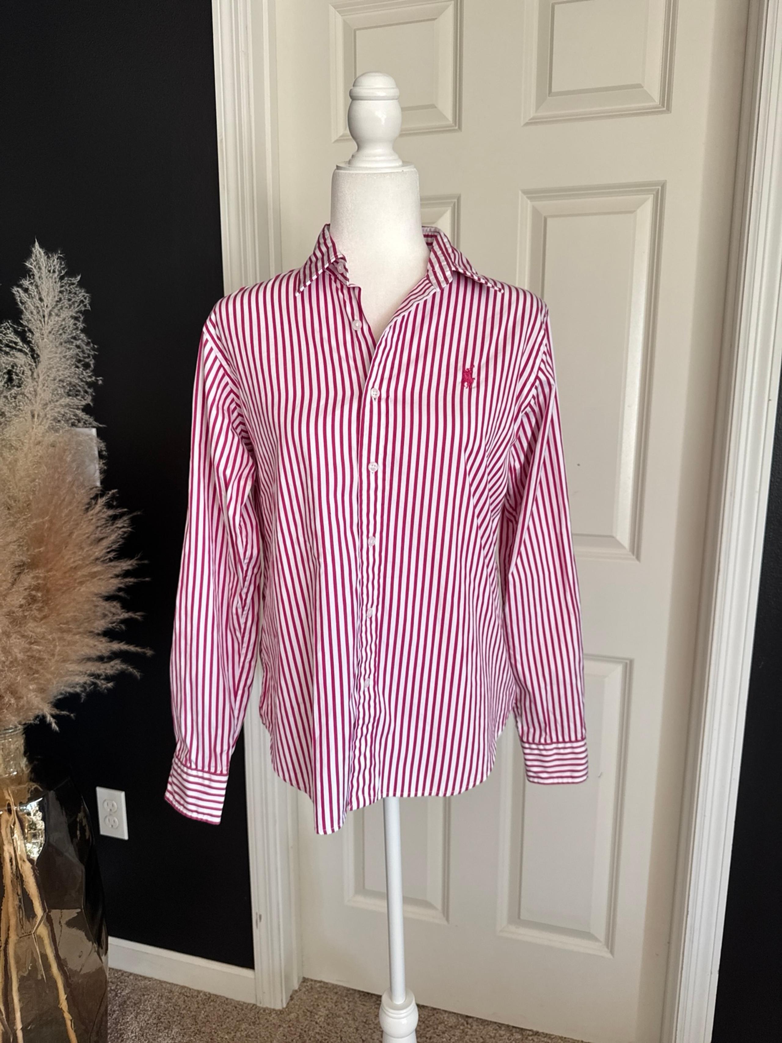 Ralph Lauren Sport Pink White Striped Shirt Size 12 100% Cotton