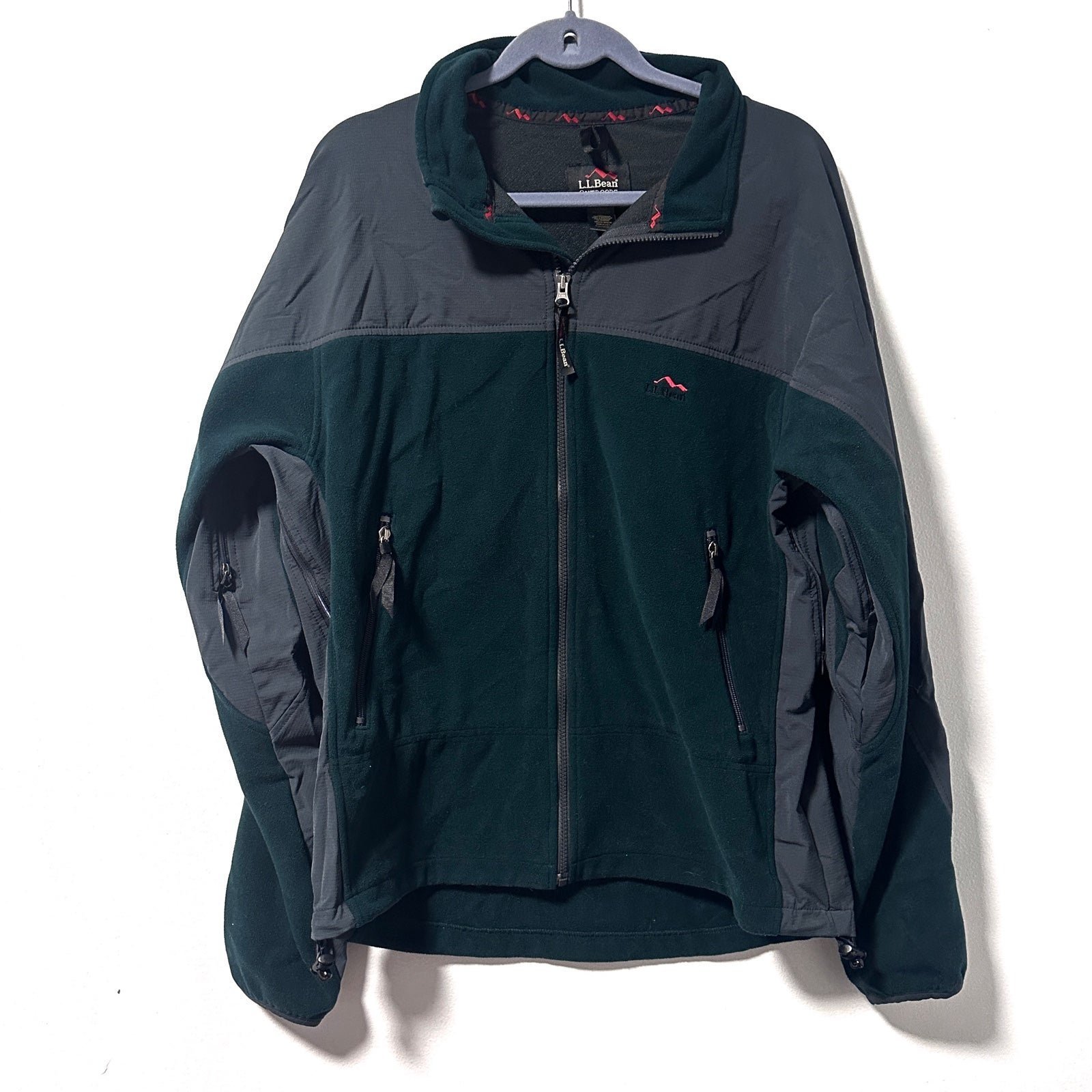 Vintage LL Bean Dark Green Gray Full Zip Fleece Jacket Zippers Men's Size Large