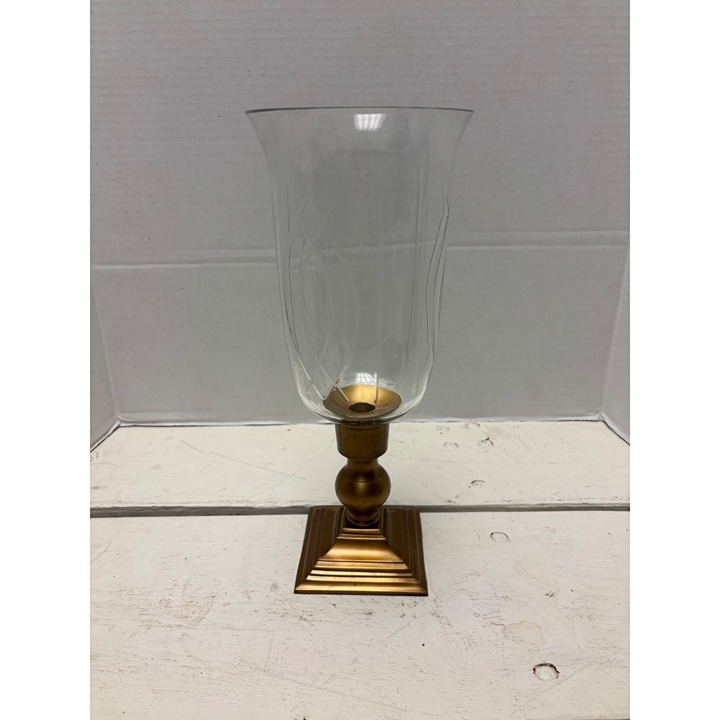 Vintage Etched Glass Hurricane Candle Holder With Brass Base