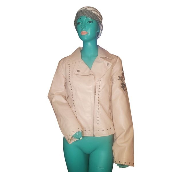 Urban Retro Light Pink Faux Leather Jacket with Embroidered Flowers Size L