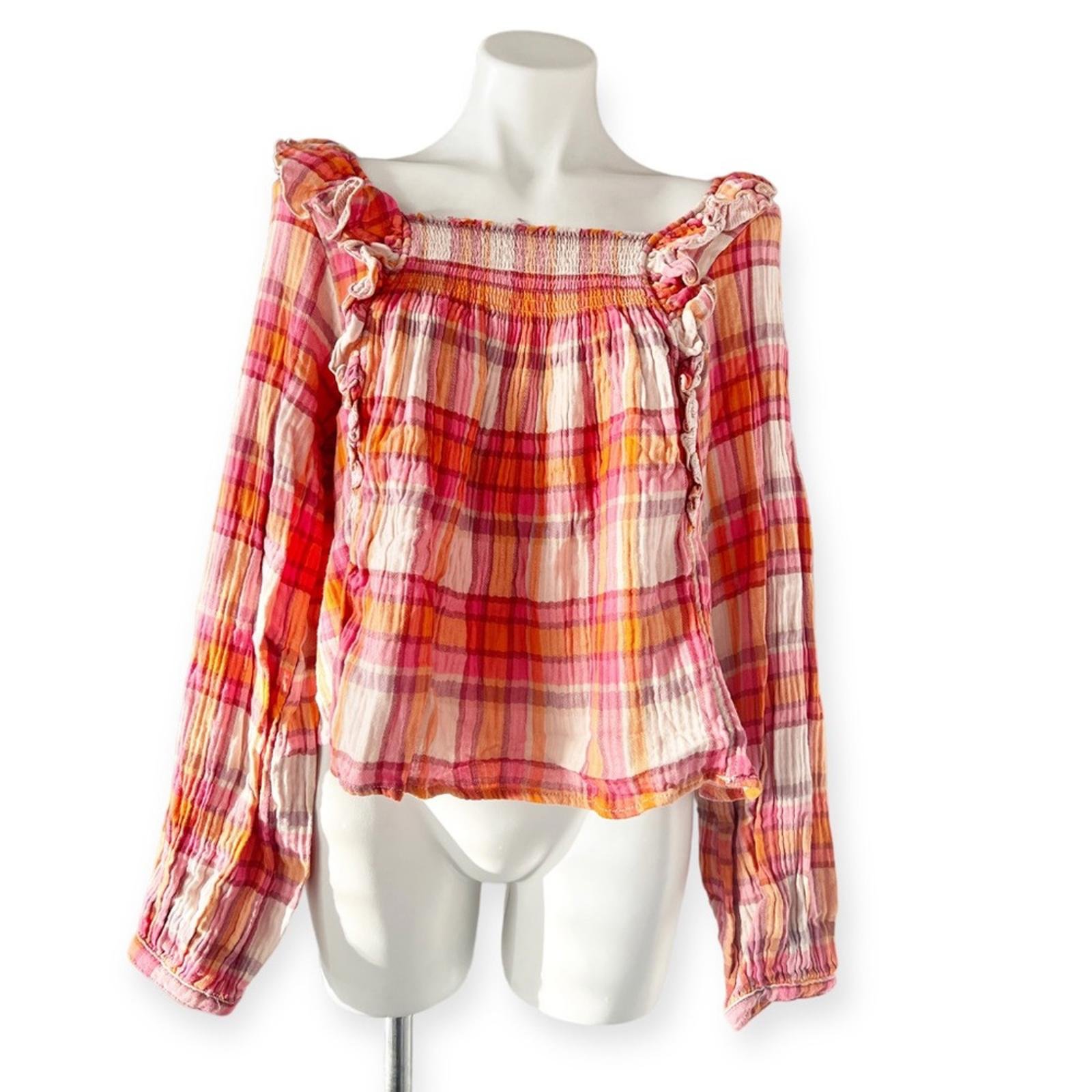 Free People Siena Plaid Long Sleeve Ruffle Top Cotton Size XS New w/Tag