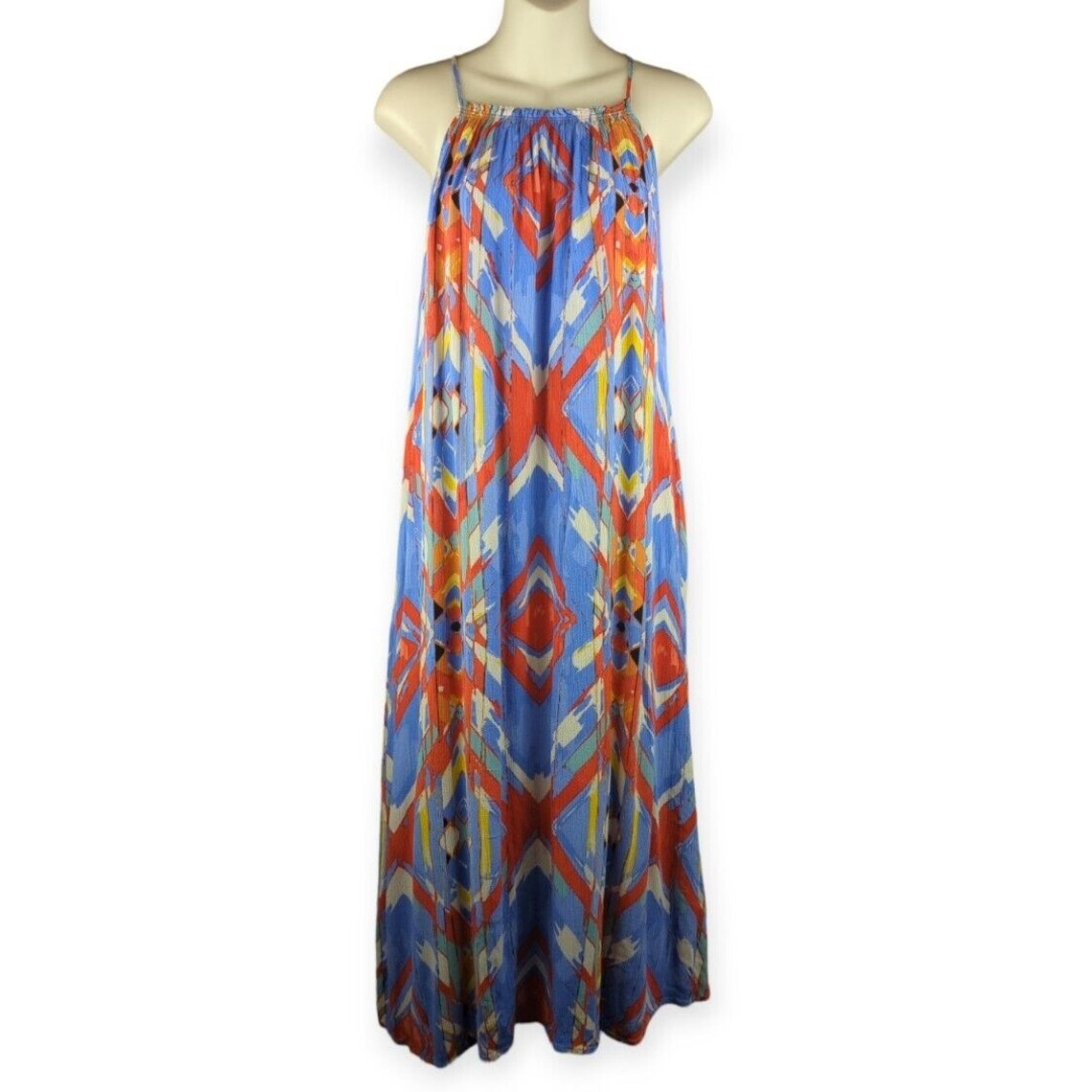 C&C California Boho Gauze Colorful Maxi Midi Dress Blue Ikat Abstract Swing S