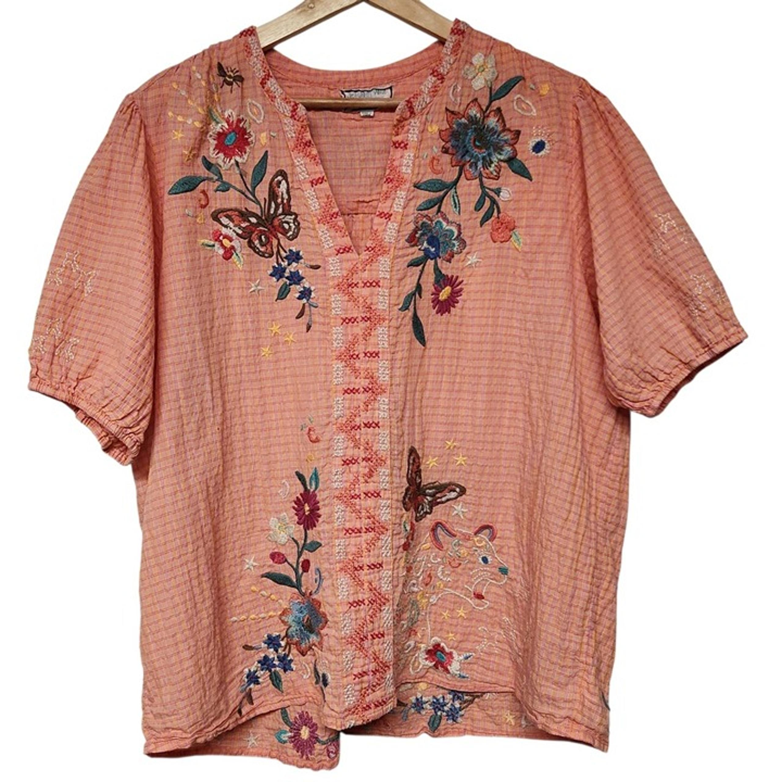 Johnny Was XL Olinda Puff Short Sleeve Blouse Embroidered Orange Multi-Color