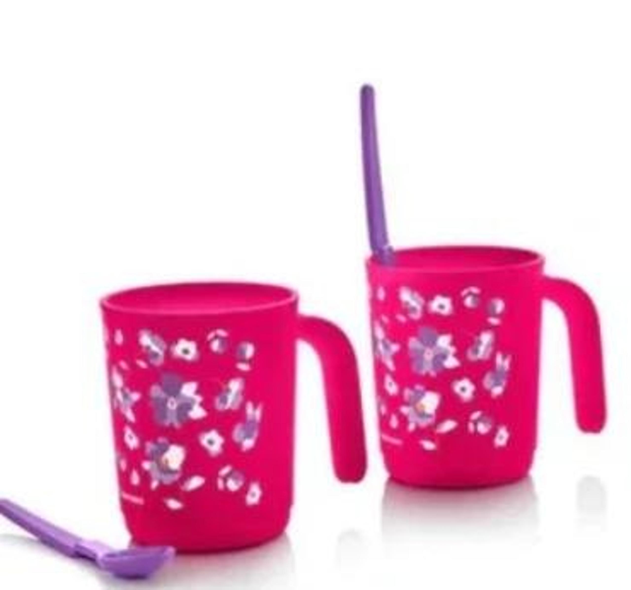 Tupperware 11 oz Floral Mugs Pink Large Handles Microwave Safe Set of 2