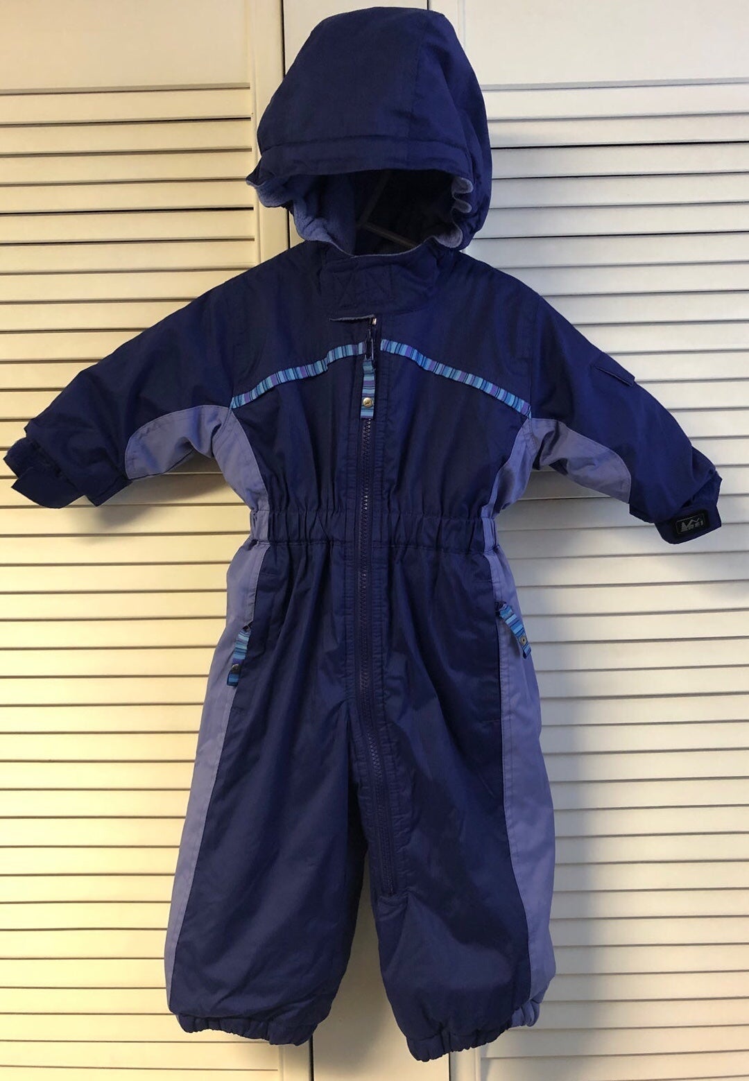 Rei 12M purple one piece hooded snowsuit