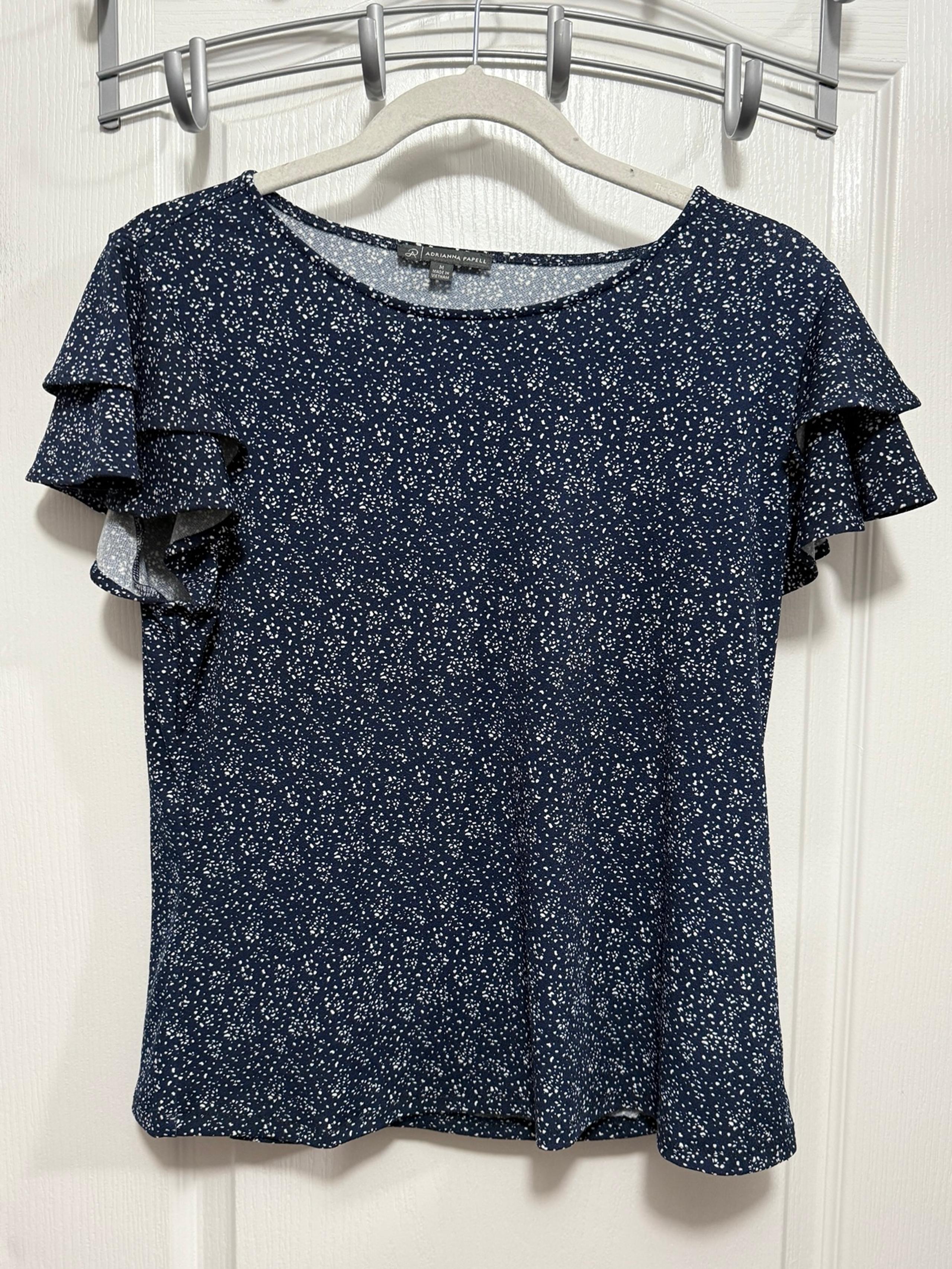 Adrianna Papell Blouse Women’s M Blue White Confetti Dot Shirt Flutter Sleeve