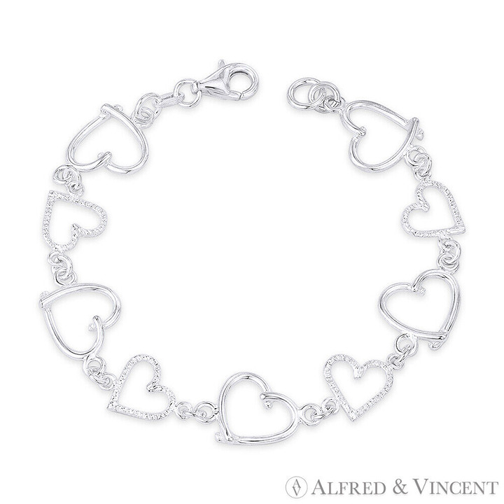 Polished & Ribbed Heart Charm Link Chain Bracelet in .925 Sterling Silver - 7.5