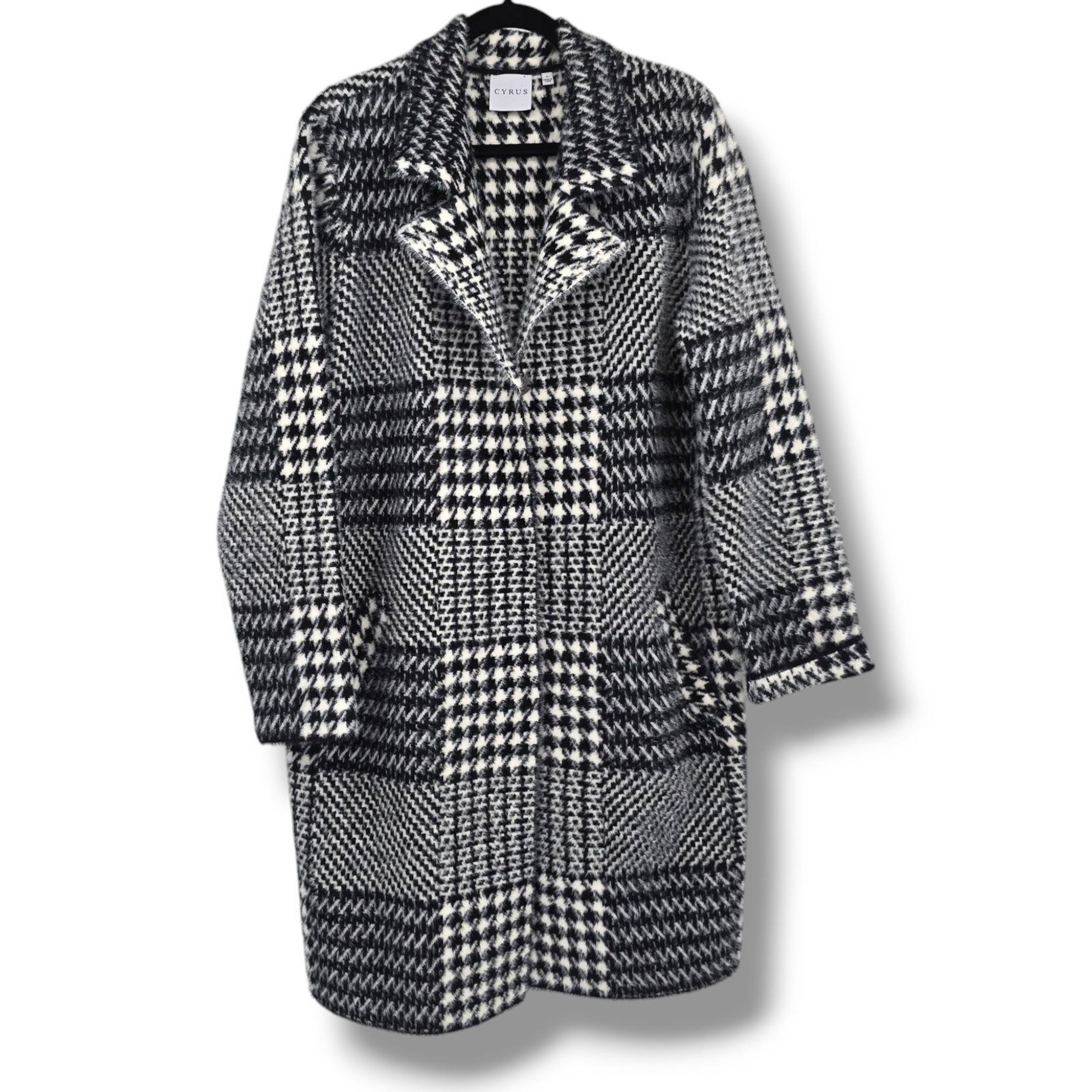 Cyrus Women's Houndstooth Plaid Fuzzy Cozy Midi Long Length Jacket Black Size L
